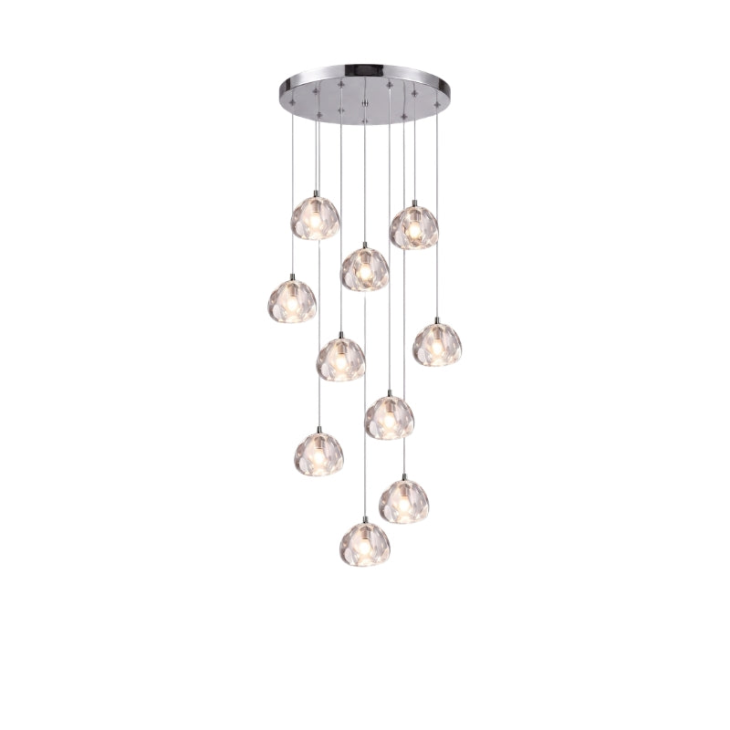 Lustra Vela modern crystal chandelier with chrome finish and transparent glass drops—Scandinavian semi-flush ceiling light for living rooms, dining areas, and entryways.