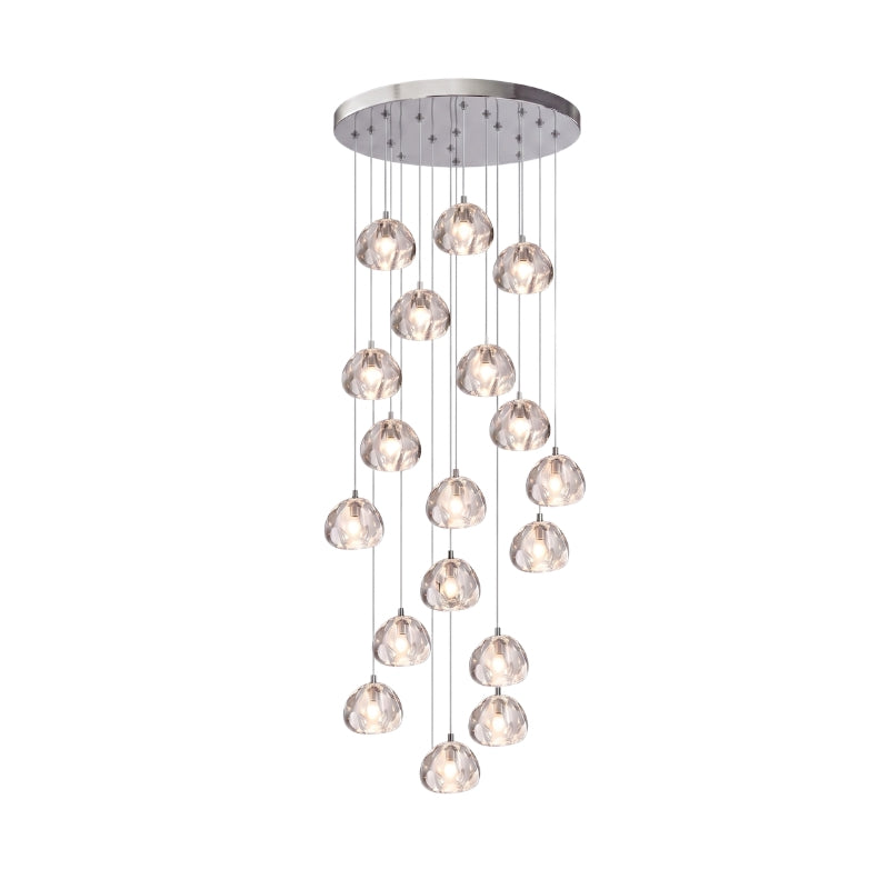 Lustra Vela modern crystal chandelier with chrome finish and transparent glass drops—Scandinavian semi-flush ceiling light for living rooms, dining areas, and entryways.