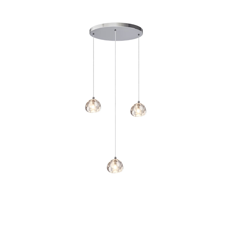 Lustra Vela modern crystal chandelier with chrome finish and transparent glass drops—Scandinavian semi-flush ceiling light for living rooms, dining areas, and entryways.