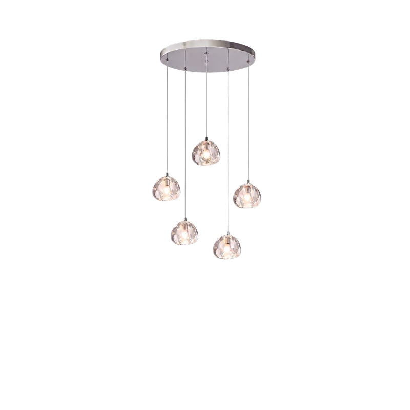 Lustra Vela modern crystal chandelier with chrome finish and transparent glass drops—Scandinavian semi-flush ceiling light for living rooms, dining areas, and entryways.