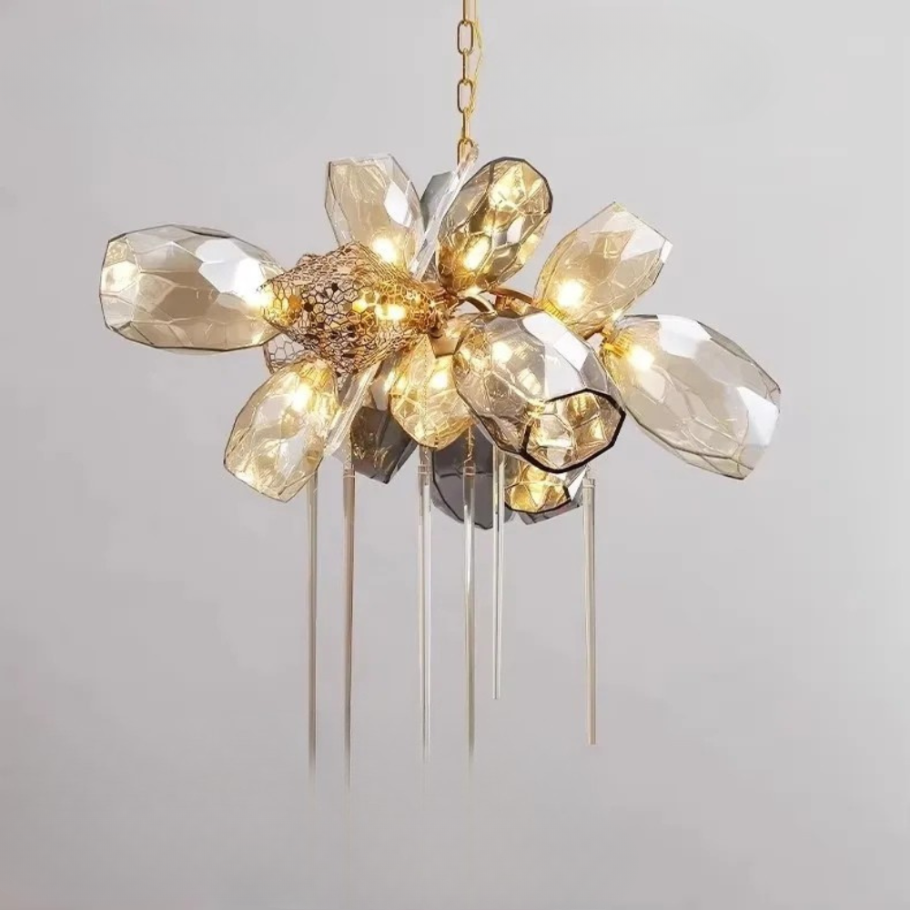 Éclat Lumière luxury chandelier with K9 crystal, golden cognac and smoky grey glass, stainless steel designer lighting fixture