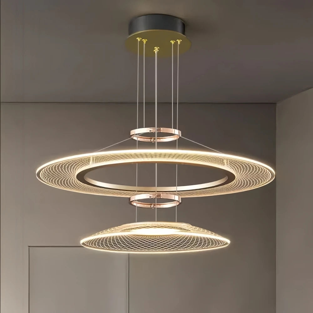Dröme modern LED chandelier with sculptural acrylic rings and soft ambient glow, Nordic-style ceiling light ideal for living rooms, bedrooms, stairwells, and hotel lobbies.