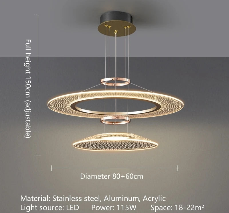 Dröme modern LED chandelier with sculptural acrylic rings and soft ambient glow, Nordic-style ceiling light ideal for living rooms, bedrooms, stairwells, and hotel lobbies.