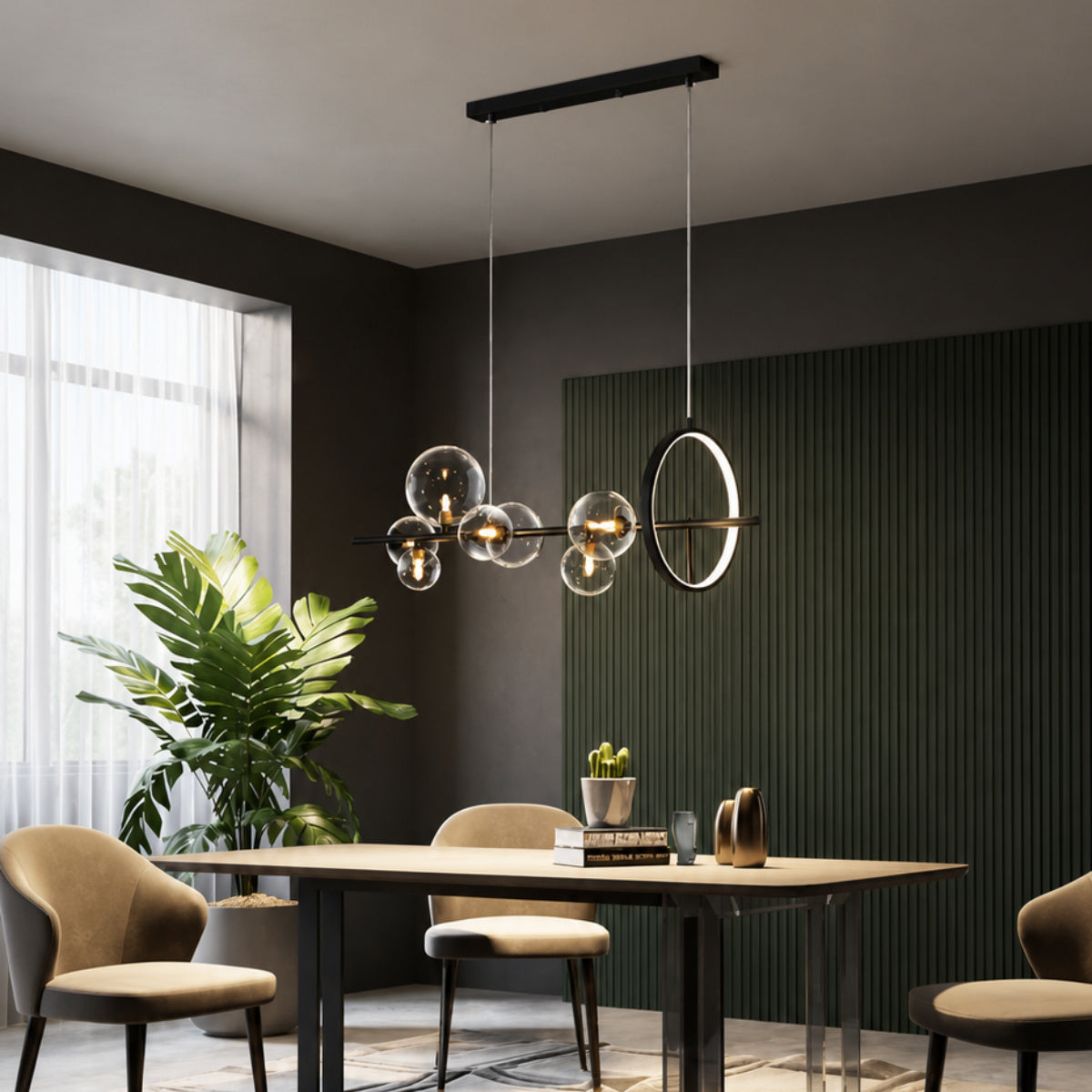 Modern multi-light pendant chandelier with clear glass bubble globes and a circular ring element, hanging over a dining table in a contemporary dark-toned room.