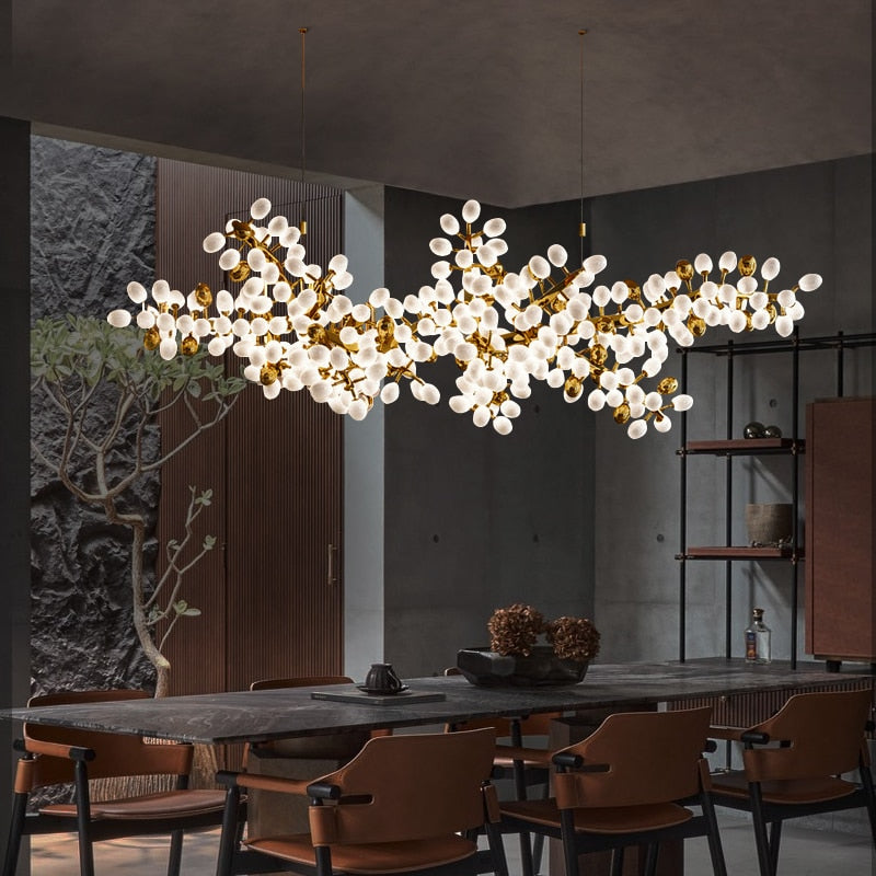 Lights of Scandinavia - Zygote High-quality white glass cluster chandelier. Organic-inspired design paired with luxury materials. Perfect for dining rooms, living areas, entrance halls, hotel areas, restaurants, etc. White glass clusters with base frame in French gold color or Raw copper.