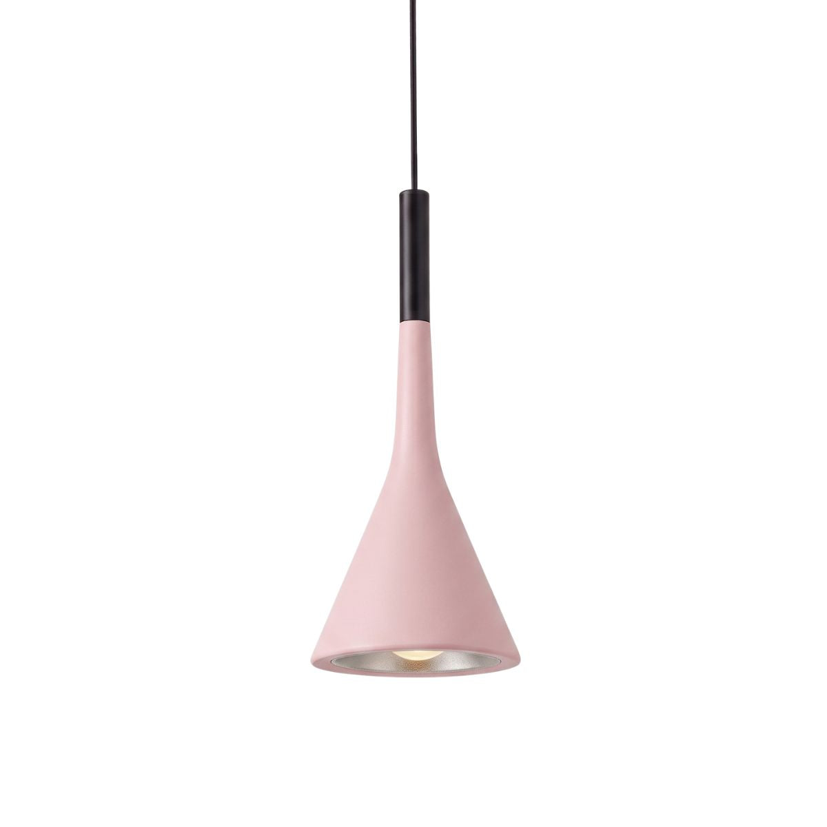 A modern pendant light with a tapered pink shade and a black cylindrical neck, suspended by a thin black cord against a plain white background.