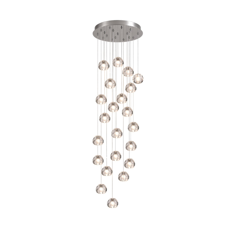 Lustra Vela modern crystal chandelier with chrome finish and transparent glass drops—Scandinavian semi-flush ceiling light for living rooms, dining areas, and entryways.