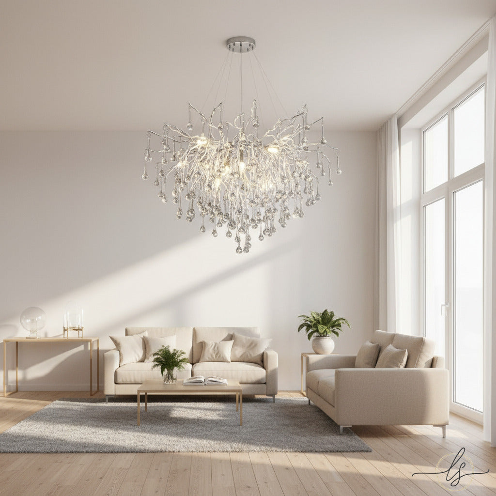 Ooze crystal chandelier by Lights of Scandinavia featured in Hollywood film It Ends With Us, luxury gold and silver K9 crystal lighting with drop-shaped accents and LED bulbs.