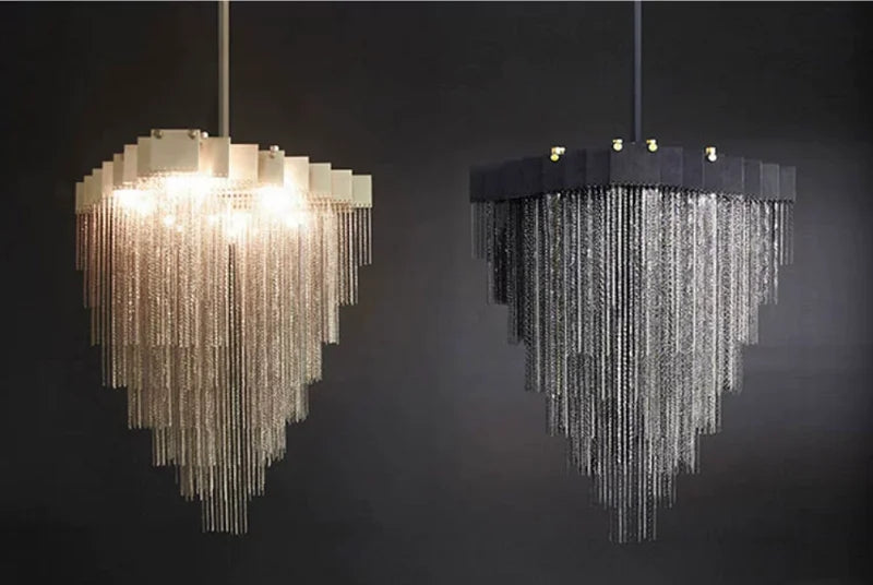 Tessaro modern luxury chandelier with Italian designer chain tassels in black and gold finish for living room or hotel interiors