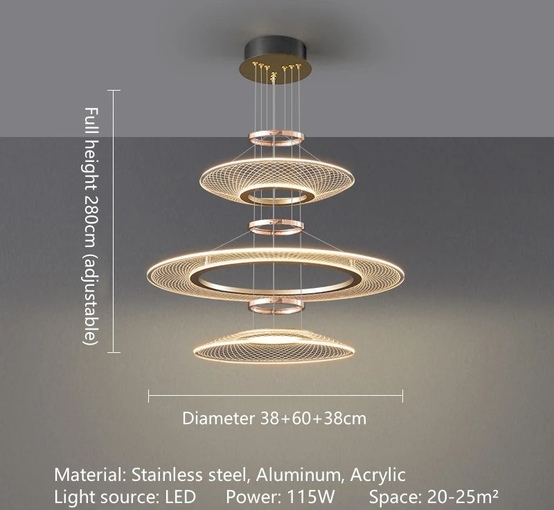 Dröme modern LED chandelier with sculptural acrylic rings and soft ambient glow, Nordic-style ceiling light ideal for living rooms, bedrooms, stairwells, and hotel lobbies.