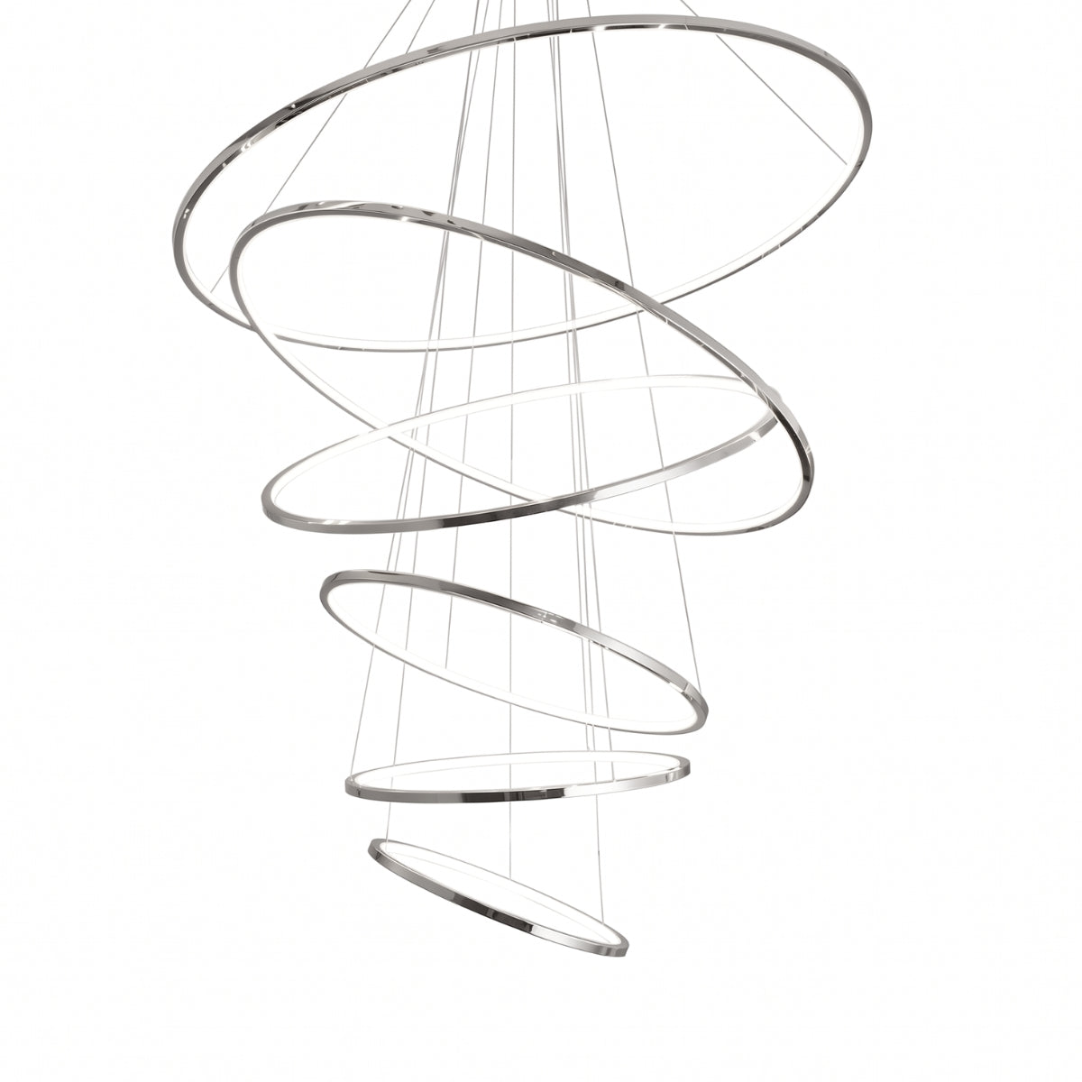 A modern spiral chandelier with multiple chrome-finished rings suspended by thin cables against a plain white background.