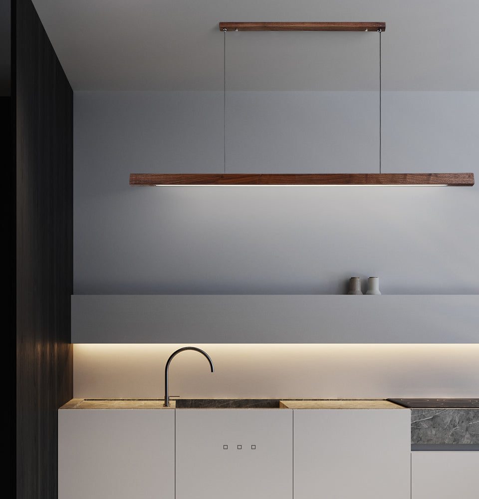 Lights of Scandinavia - Lindö - Modern long hanging dining room pendant light ala Nordic style. Will also make a good fit for office areas, restaurants and bars. Pine wood or black walnut Use the included remote to change color temperature between cold, neutral and warm light.